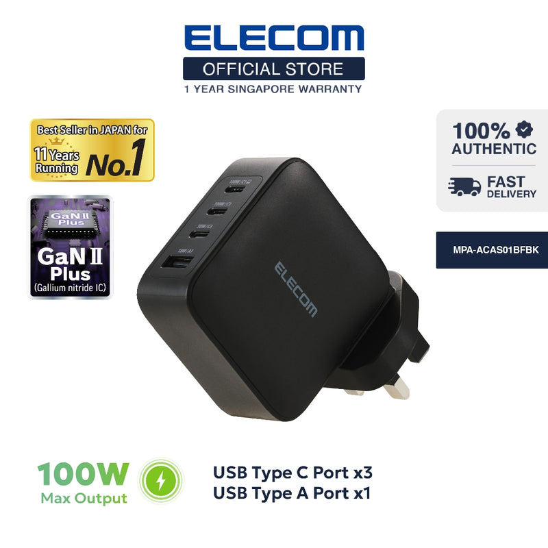 ELECOM Charger 100w 4-Ports  /USB-Cx3 USB-Ax1/ GaN II Plus/ Fast Charging/ MPA-ACAS01BFBK