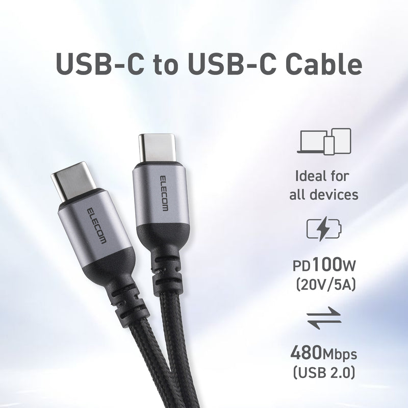 ELECOM USB2.0 Cable Type-C to C/20V/5A(100W)/MPA-CCASAN/0.5m/1m/2m/Black/White/Resistant to breakage