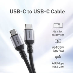 ELECOM USB2.0 Cable Type-C to C/20V/5A(100W)/MPA-CCASAN/0.5m/1m/2m/Black/White/Resistant to breakage