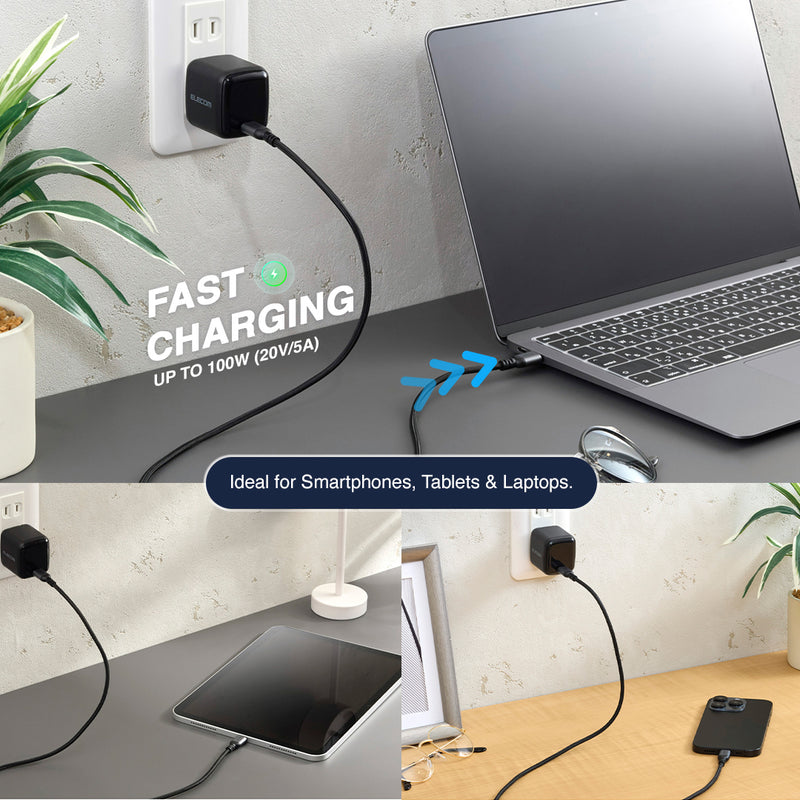 ELECOM USB2.0 Cable Type-C to C/20V/5A(100W)/MPA-CCASAN/0.5m/1m/2m/Black/White/Resistant to breakage