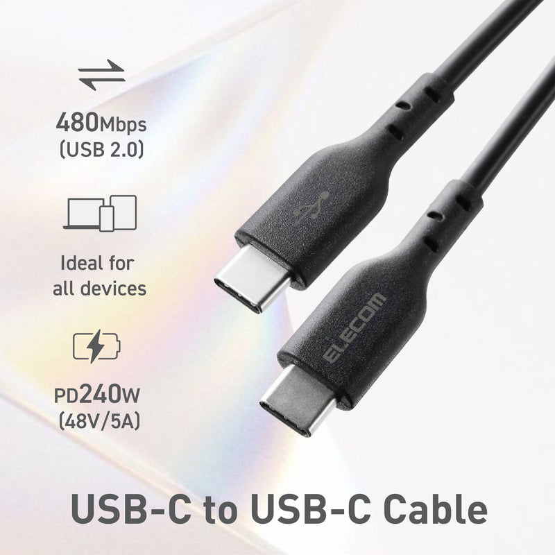 ELECOM USB2.0 Cable Type-C to C/48V/5A(240W)/MPA-CCASPE/0.5m/1m/2m/Black/White/Resistant to breakage