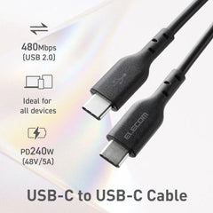 ELECOM USB2.0 Cable Type-C to C/48V/5A(240W)/MPA-CCASPE/0.5m/1m/2m/Black/White/Resistant to breakage