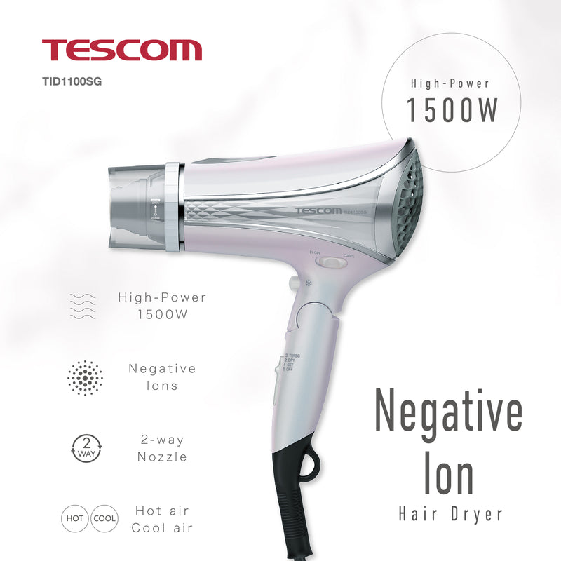 ELECOM Tescom 2 Way Nozzle Negative Ion Hair Dryer TID1100SG/High Power 1500W/2 Settings/Easy Care